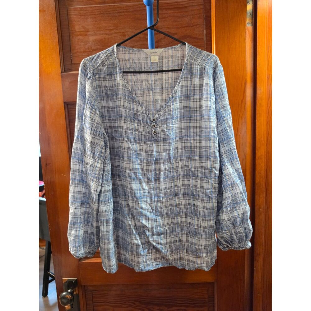 CJ Banks Women’s 2X Blue Gray Plaid Peasant Blouse Balloon Sleeve Top